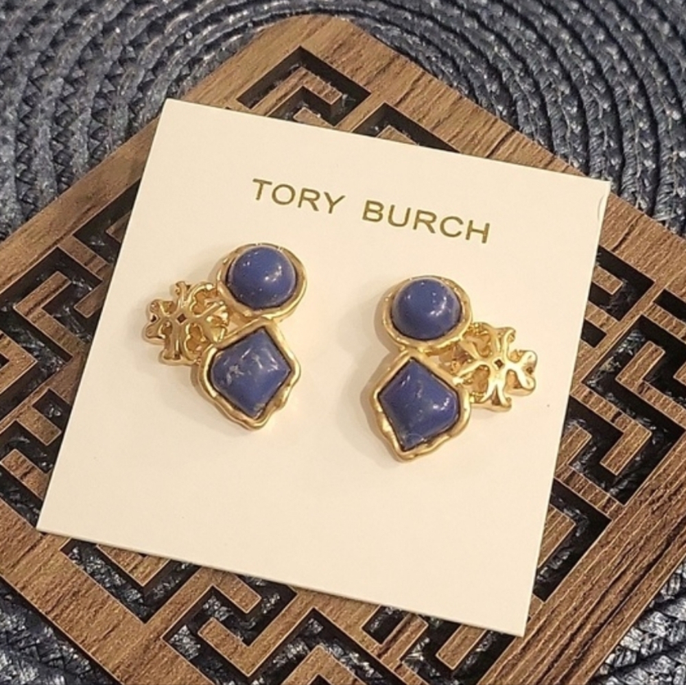 Tory Burch Gold and Blue Geometric Earrings